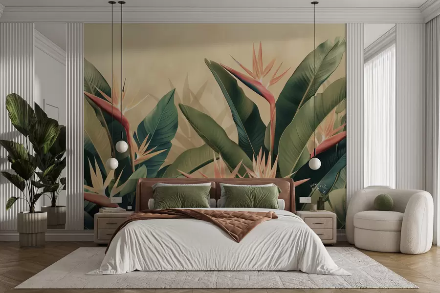 Papier peint Arrangement luxuriant de fleurs tropicales entouré de grandes feuilles vert foncé w01484v1