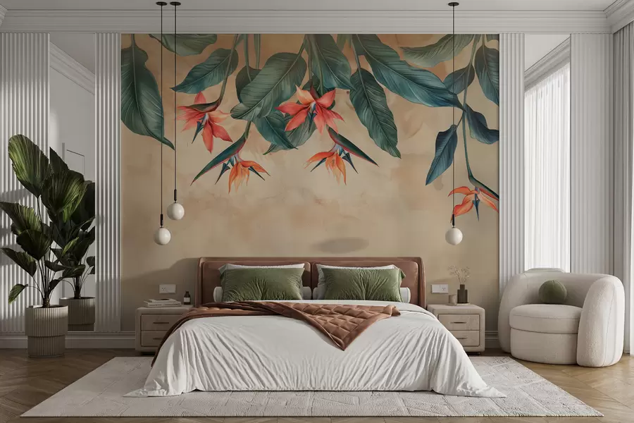 Papier peint Fleur tropicale sur fond aquarelle beige w01485