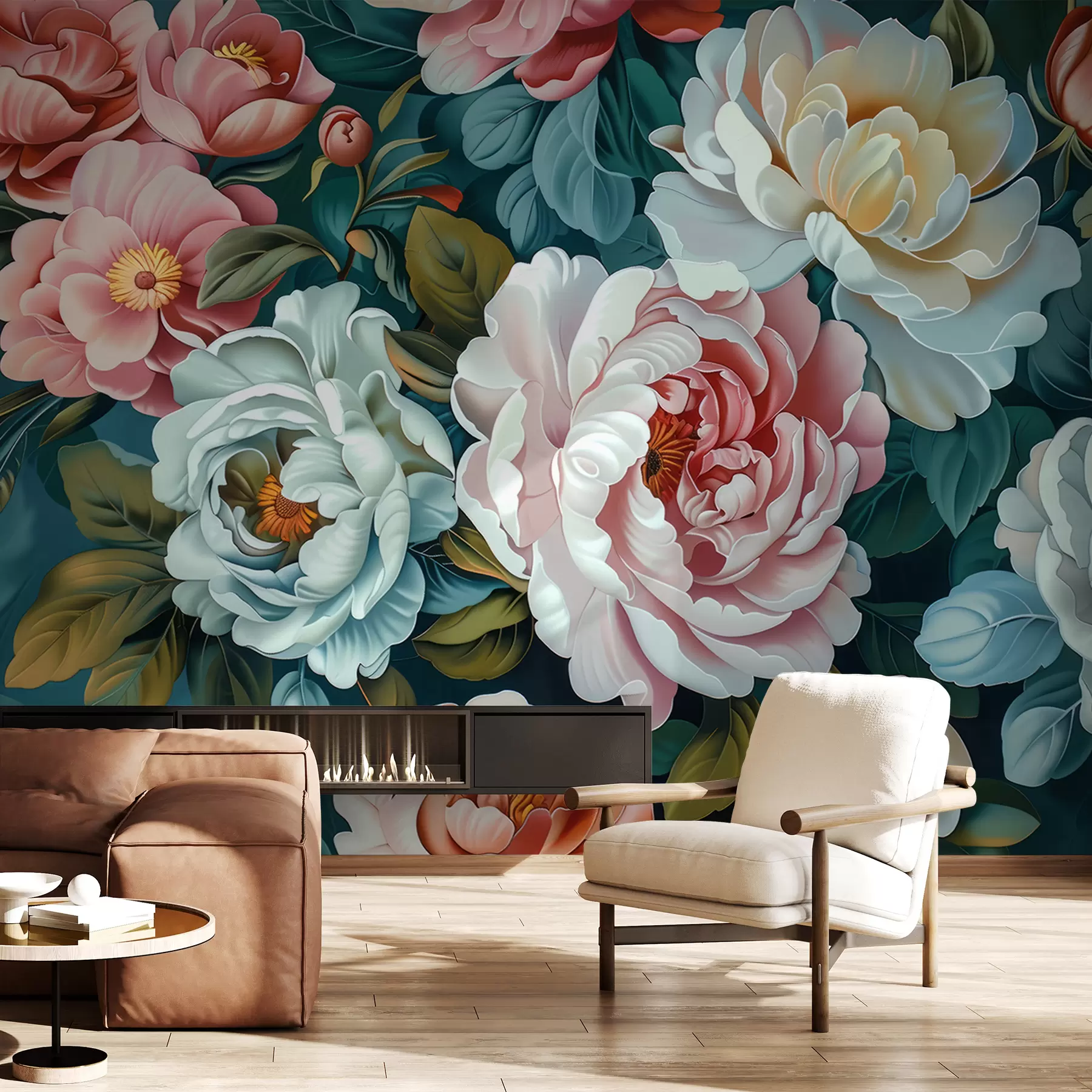 Papier peint Bouquet lumineux de grandes pivoines luxuriantes et de roses en fleurs w01495