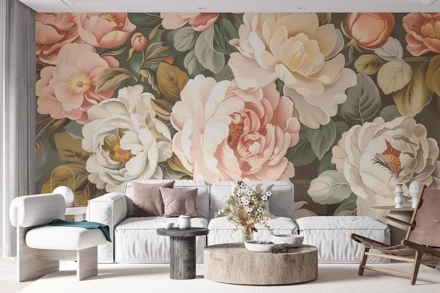 Papier peint Un bouquet de grandes pivoines luxuriantes et de roses en fleurs aux couleurs pastel w01495v1