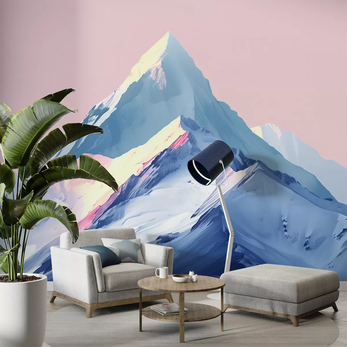 Papier peint Montagnes bleues et roses dessinées w01497