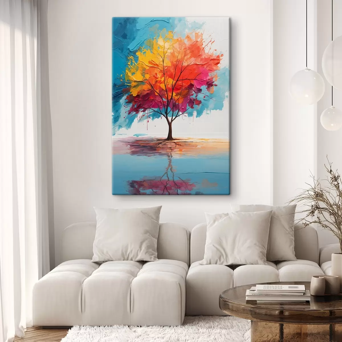 Tableau Arbre multicolore abstrait sur un lac s40455