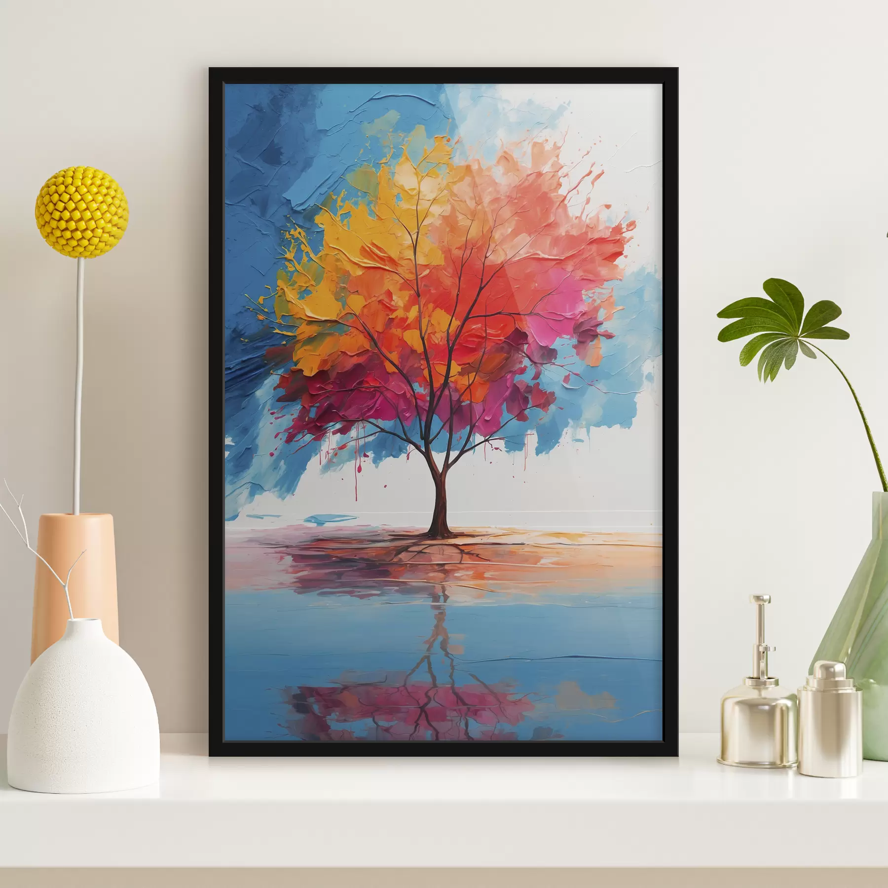 Papier peint Arbre multicolore abstrait sur un lac f40455