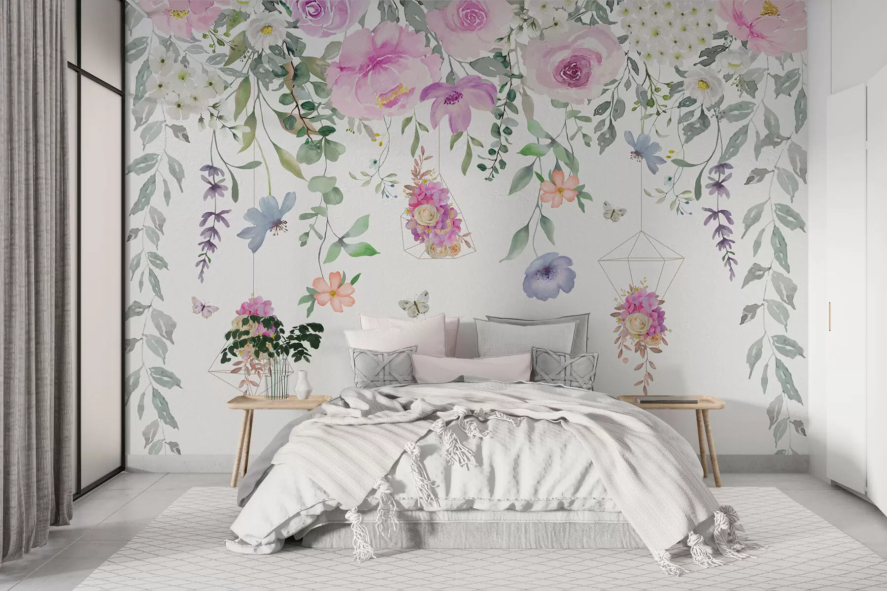 Papier peint Fleurs suspendues, décorations florales et papillons w01517