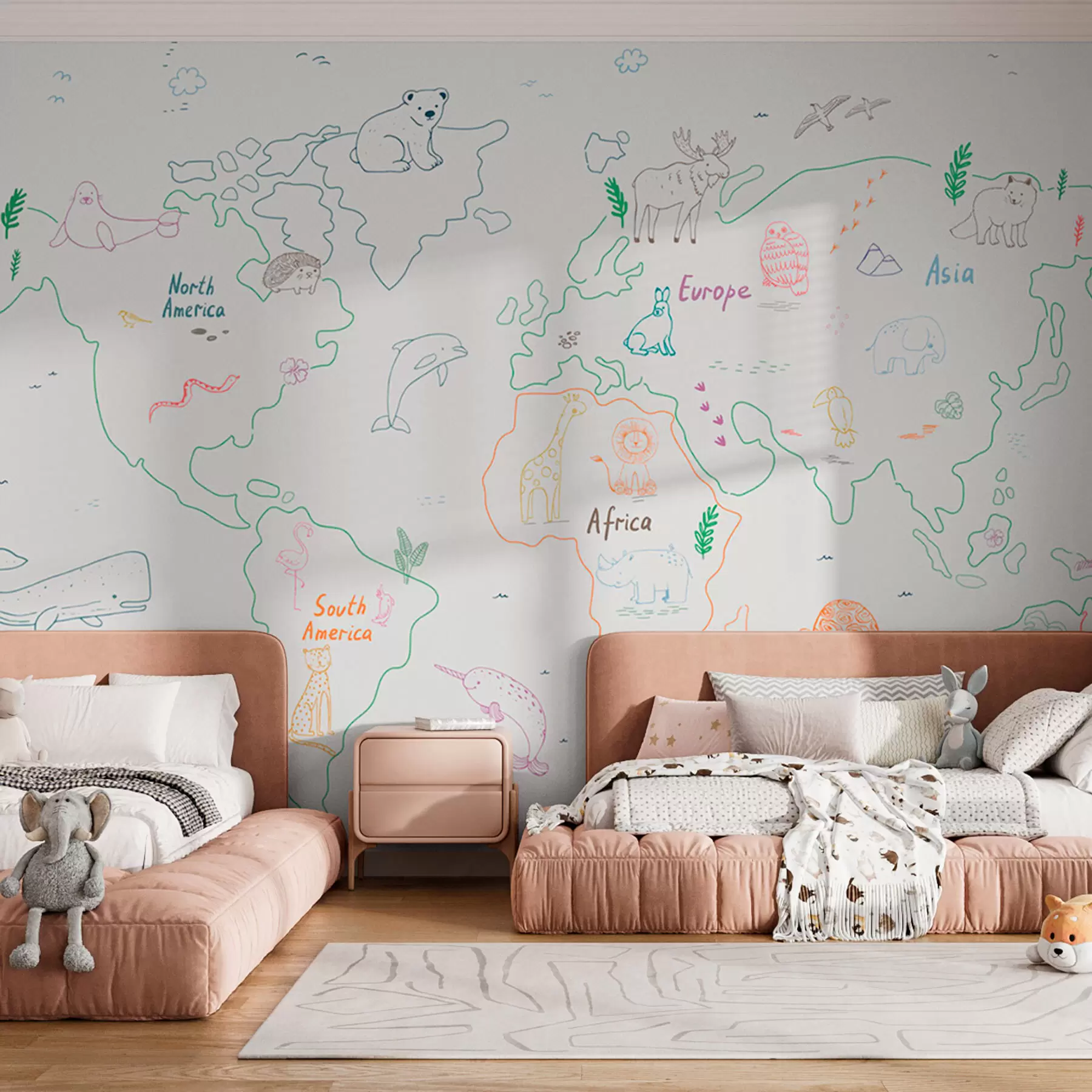 Papier peint Carte du monde et animaux mignons w01502v1