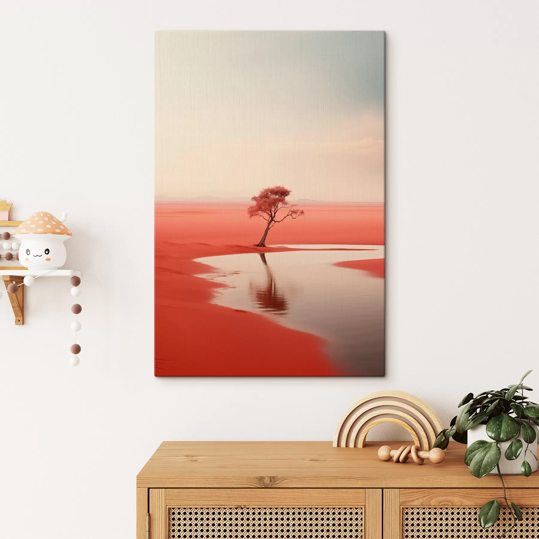 Tableau Paysage minimaliste arbre au bord de la rivière, couleur rouge, gris s40722