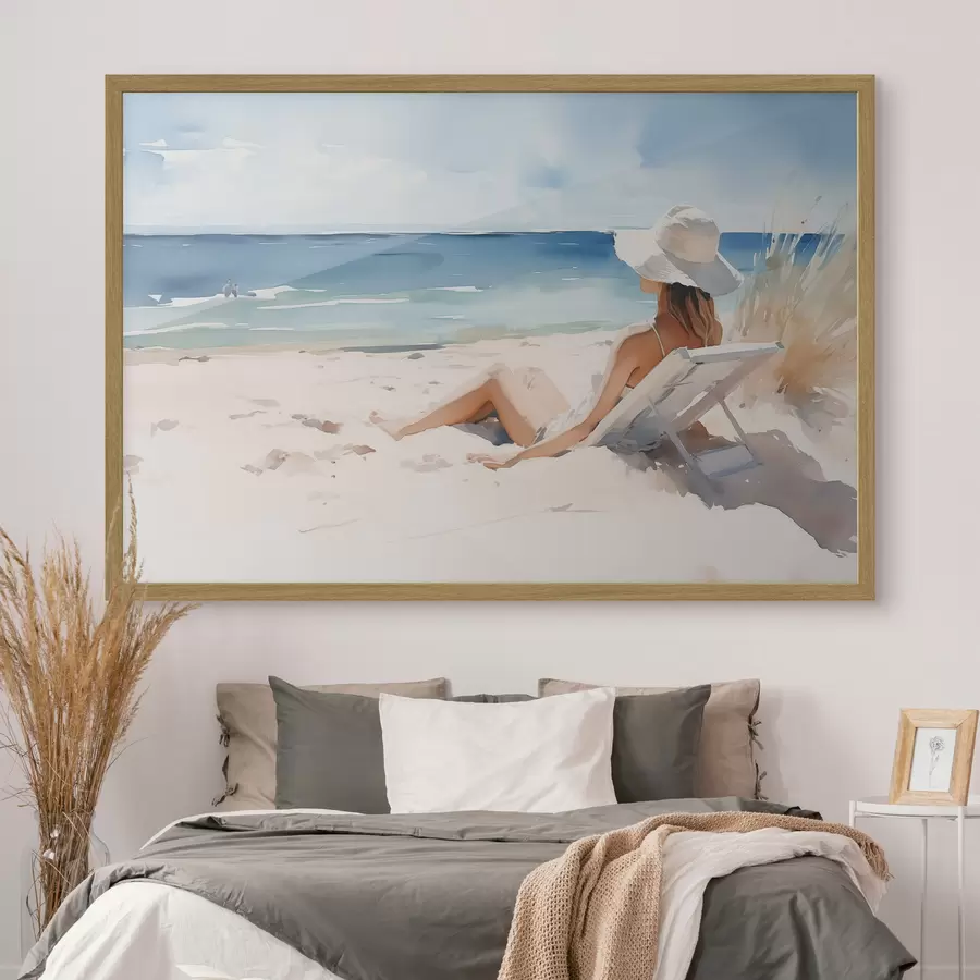 Papier peint Fille se relaxant sur la plage au bord de la mer aquarelle f40679