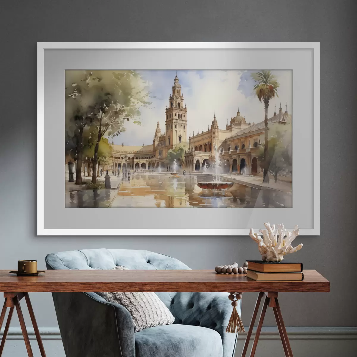 Poster Place du château dans la ville aquarelle f40681