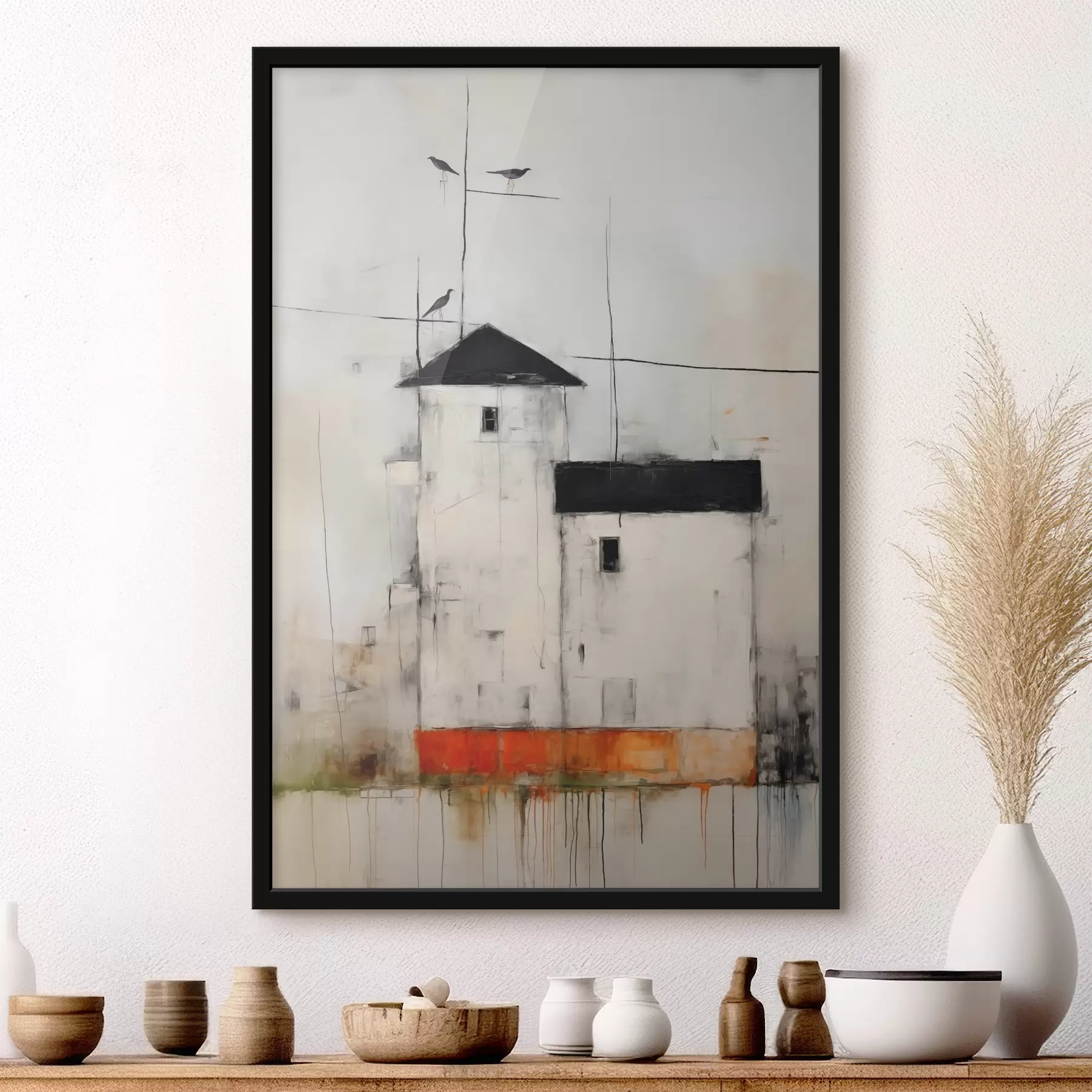 Tableau Maisons blanches aux toits noirs peintes avec la texture des rayures et des abrasions de la saleté f40685