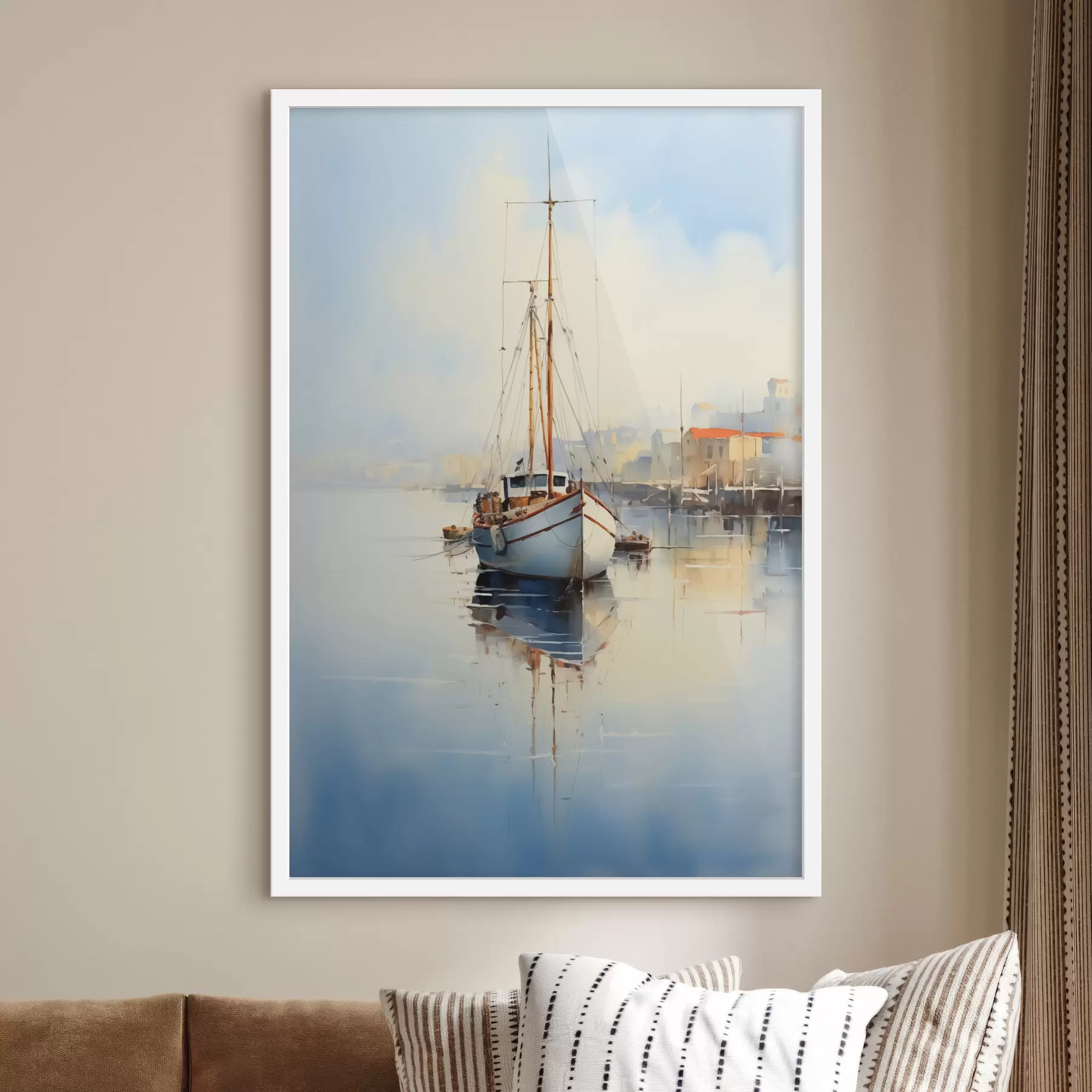 Papier peint Bateau de pêche à l'embarcadère sur la mer aquarelle mouillée f40688