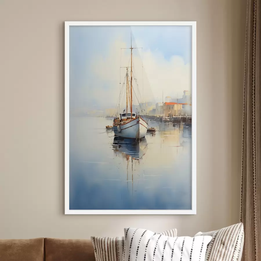 Papier peint Bateau de pêche à l'embarcadère sur la mer aquarelle mouillée f40688