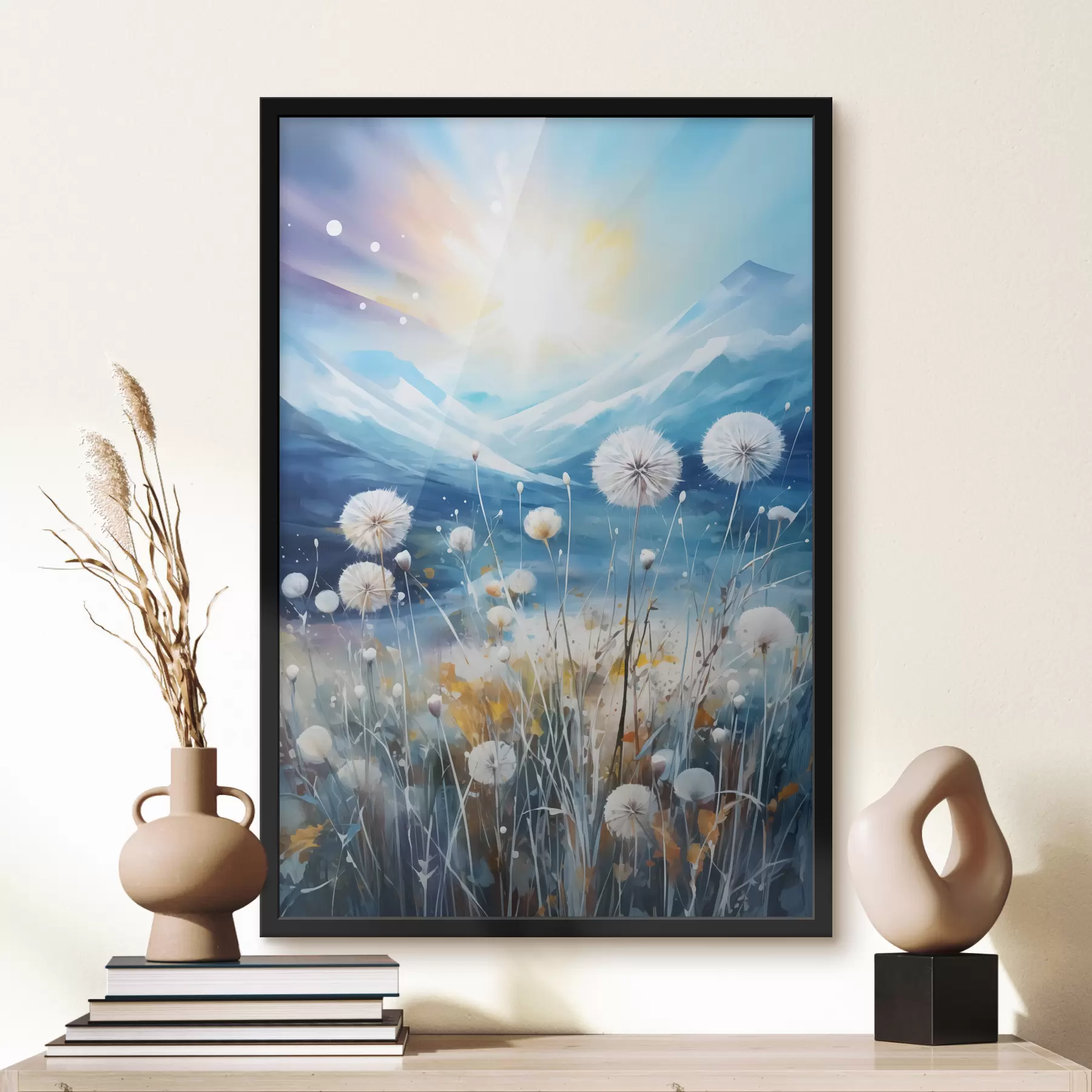 Papier peint Pissenlits blancs sur fond de montagnes bleues f40720