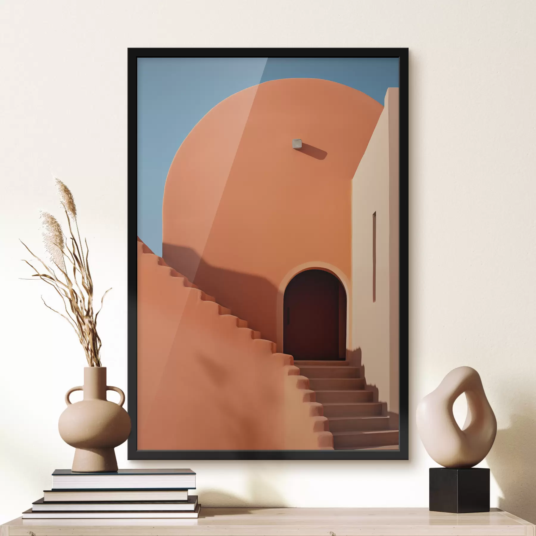 Papier peint Bâtiment architectural minimaliste avec des marches, couleur bleu, orange f40724