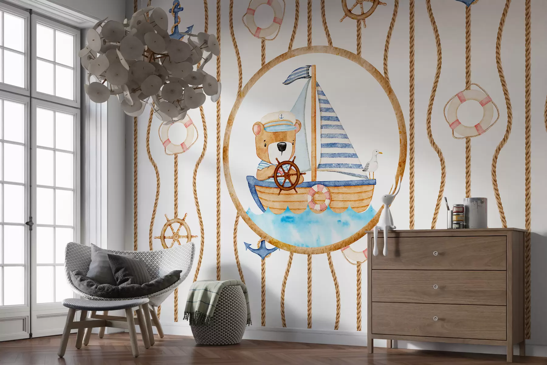 Papier peint papier peint pour chambre d'enfant avec un motif marin et un ours mignon sur un bateau en style aquarelle sur fond blanc w01087
