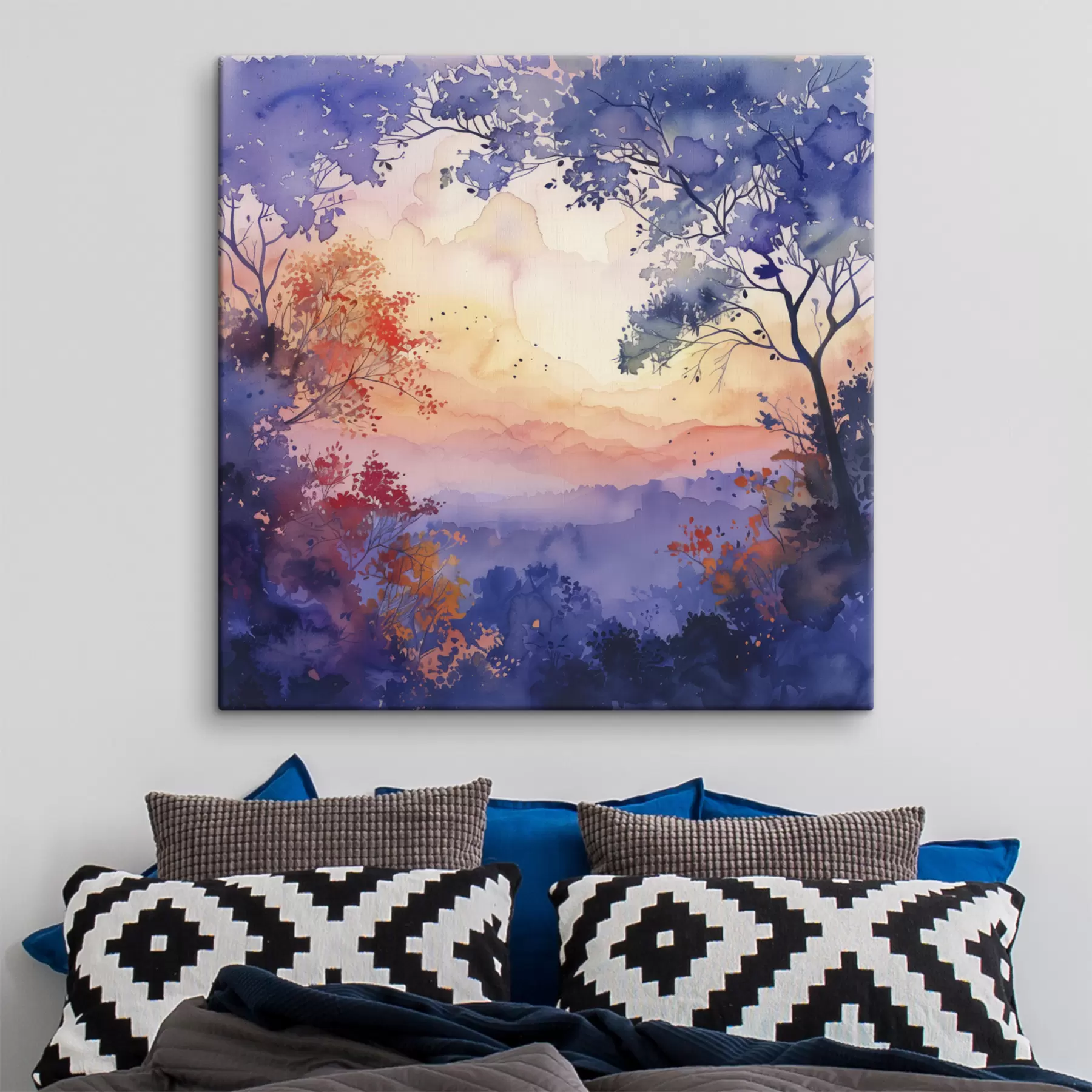 Tableau Aquarelle forêt, coucher de soleil, branches d'arbres, violet et orange s40304