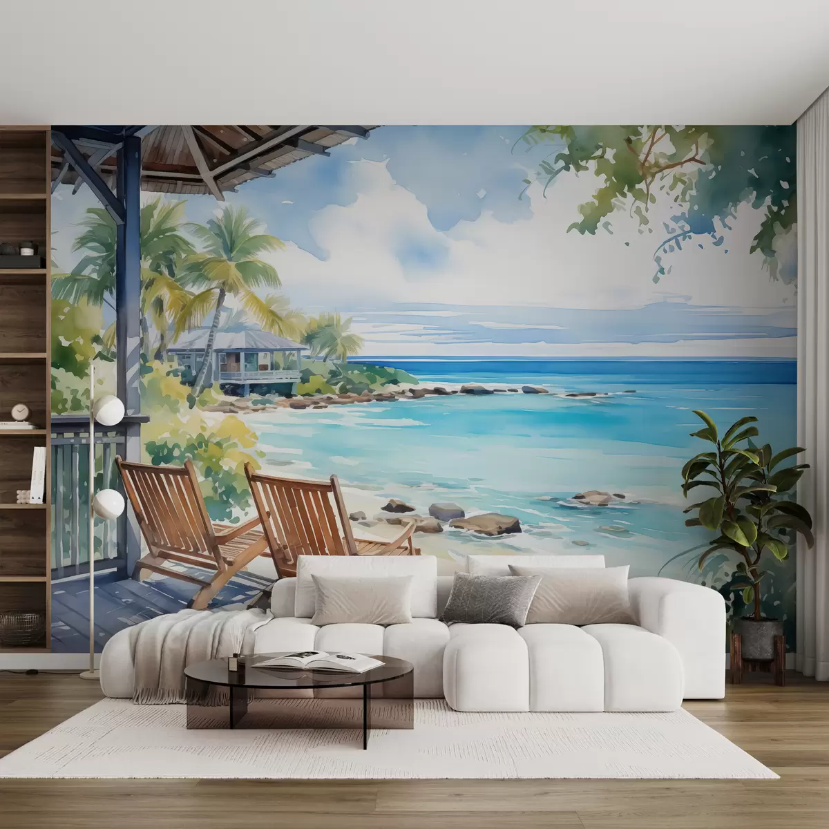 Papier peint Chaises sur la terrasse d'une villa au bord de la mer aquarelle w01055