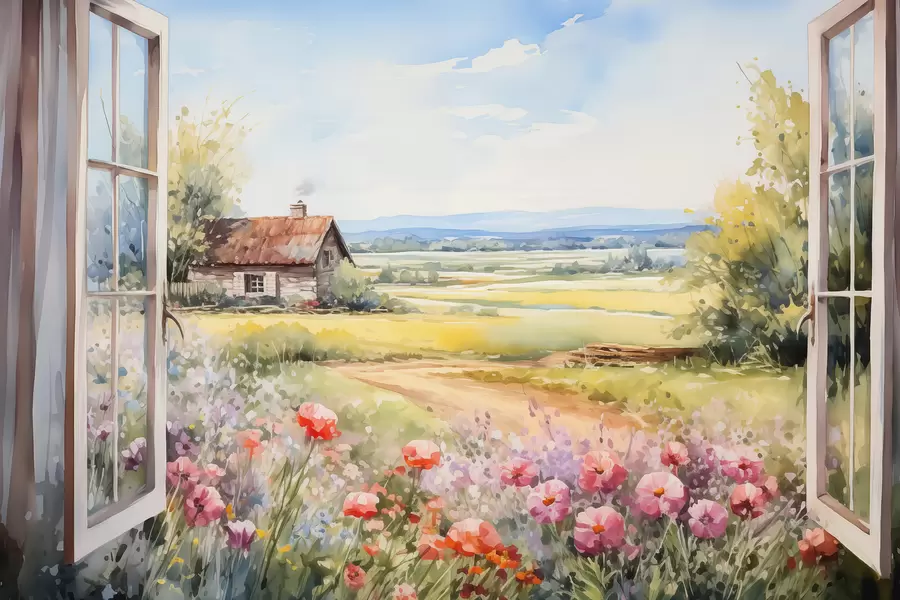 Papier peint Vue de la fenêtre sur un pré avec des fleurs et une maison rurale aquarelle w01057