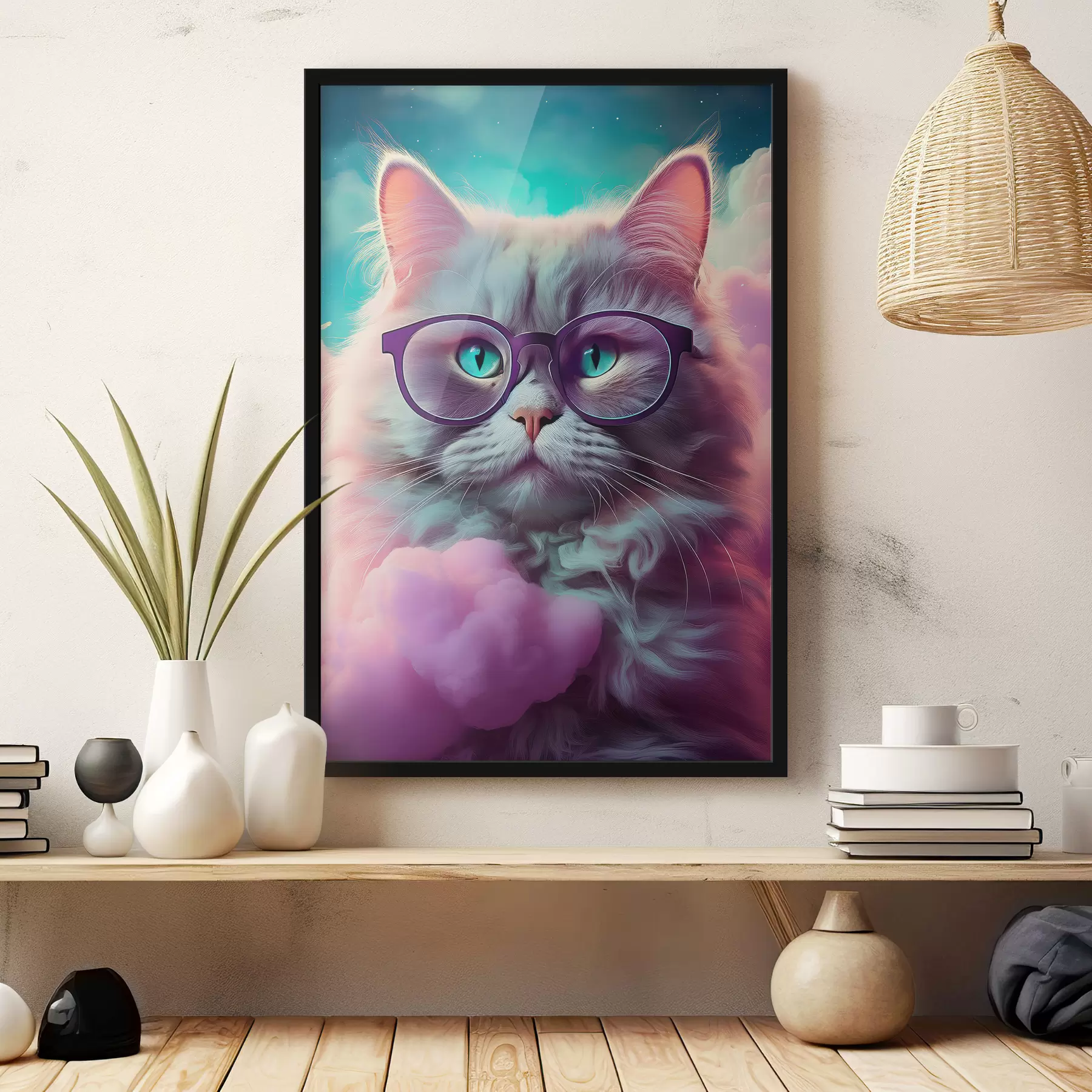 Papier peint chat avec des lunettes et des nuages roses f40716