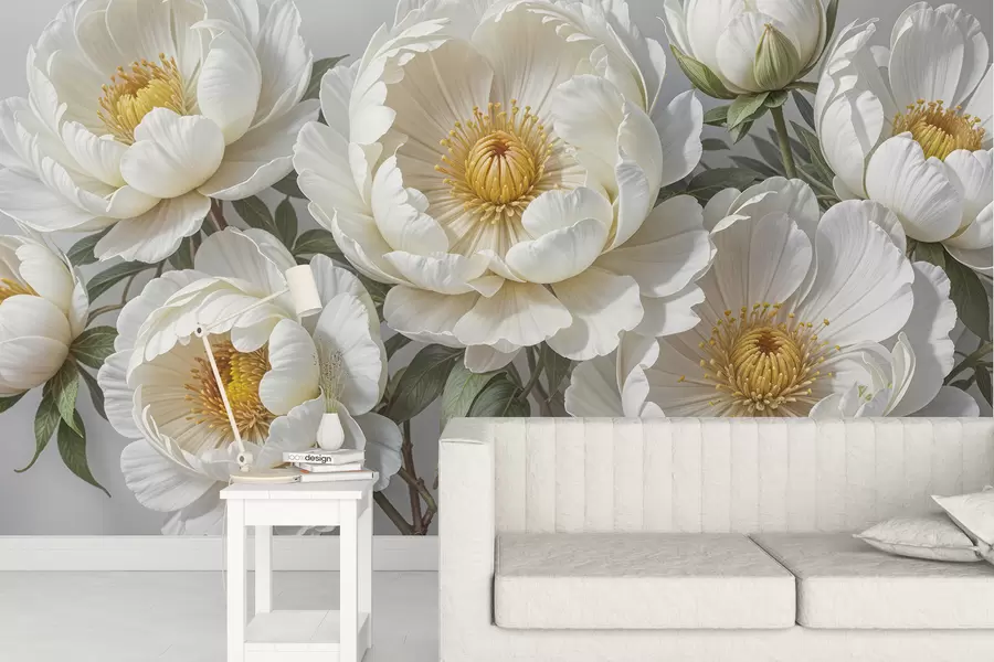 Papier peint Peinture volumineuse blanche de pivoines aux centres jaunes, entourées de feuilles vertes sur un fond clair w08249