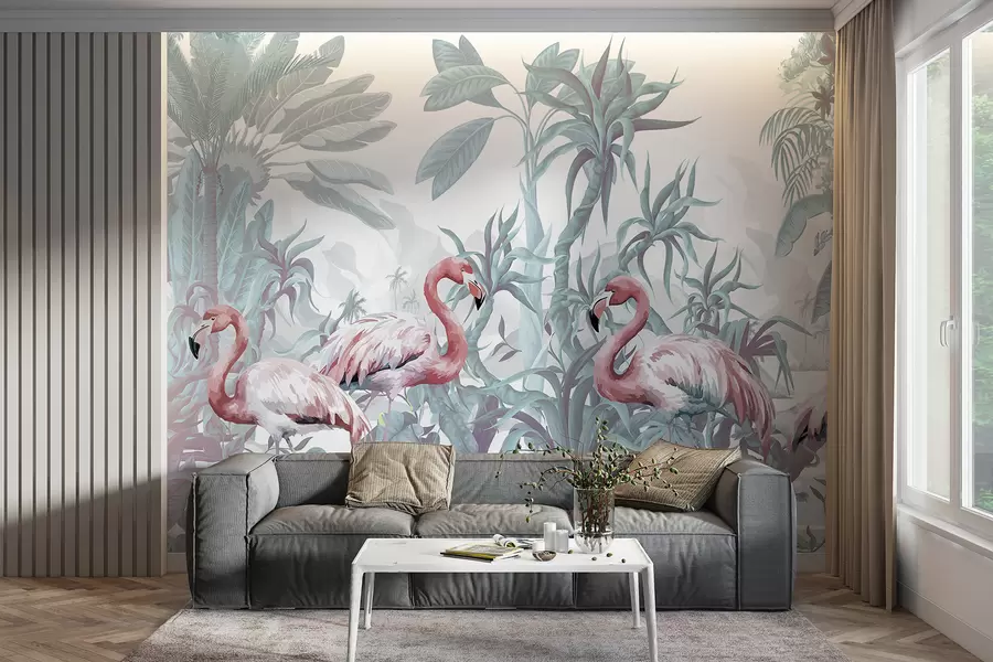 Papier peint  Flamants roses dans un feuillage tropical luxuriant avec de grandes feuilles de palmier et des fleurs dans les tons verts et blancs w08250v1