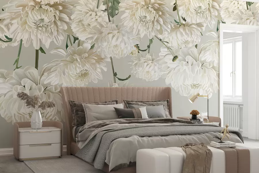 Papier peint Fleurs de chrysanthème blanches avec des feuilles vertes sur un fond gris clair w08251