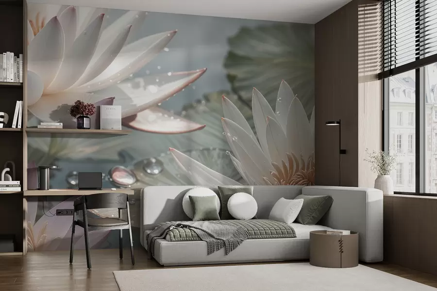 Papier peint Gros plan de fleurs de lotus blanches avec des gouttes d'eau sur leurs pétales sur un fond vert flou w08252