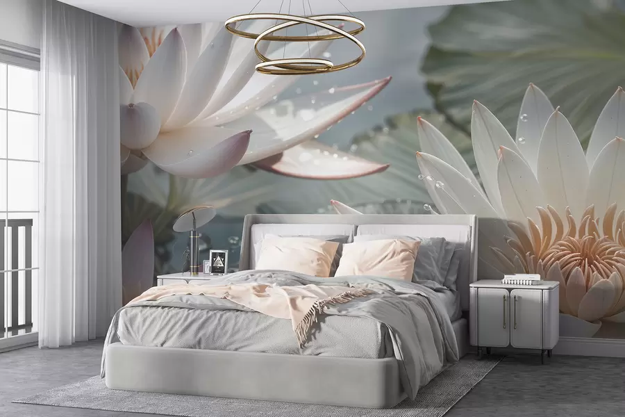 Papier peint Gros plan de fleurs de lotus blanches avec des gouttes d'eau sur leurs pétales sur un fond vert flou w08252