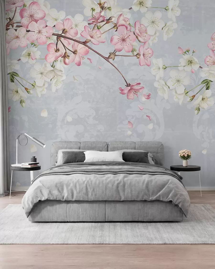 Papier peint Fleurs de cerisier roses et blanches en pleine floraison, avec des pétales doux tombant sur un fond bleu texturé w08254