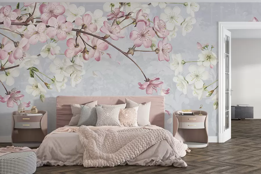 Papier peint Fleurs de cerisier roses et blanches en pleine floraison, avec des pétales doux tombant sur un fond bleu texturé w08254