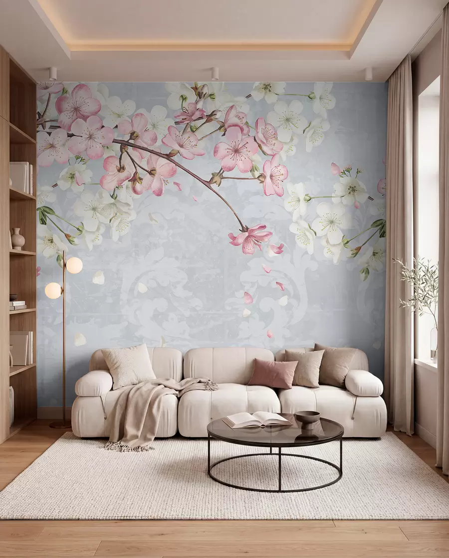 Papier peint Fleurs de cerisier roses et blanches en pleine floraison, avec des pétales doux tombant sur un fond bleu texturé w08254