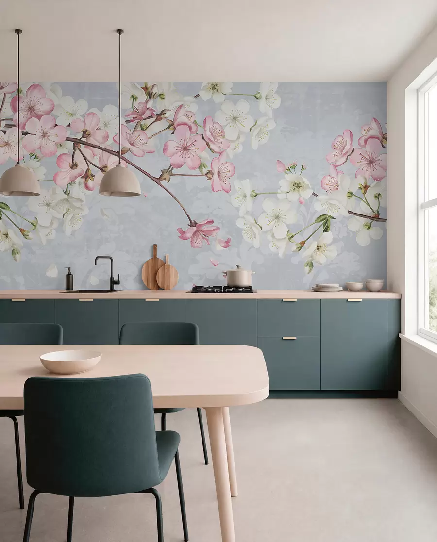 Papier peint Fleurs de cerisier roses et blanches en pleine floraison, avec des pétales doux tombant sur un fond bleu texturé w08254