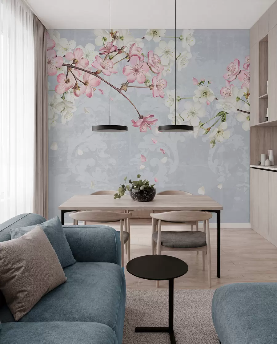 Papier peint Fleurs de cerisier roses et blanches en pleine floraison, avec des pétales doux tombant sur un fond bleu texturé w08254