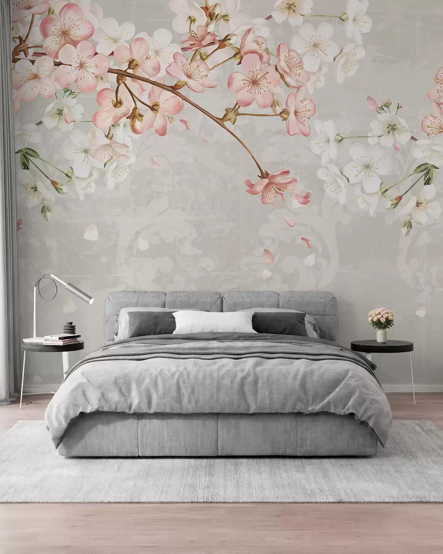Papier peint Fleurs de cerisier roses et blanches en pleine floraison, avec des pétales doux tombant sur un fond beige texturé w08254v1