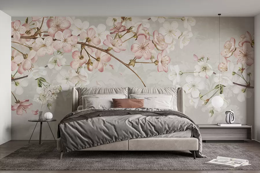 Papier peint Fleurs de cerisier roses et blanches en pleine floraison, avec des pétales doux tombant sur un fond beige texturé w08254v1
