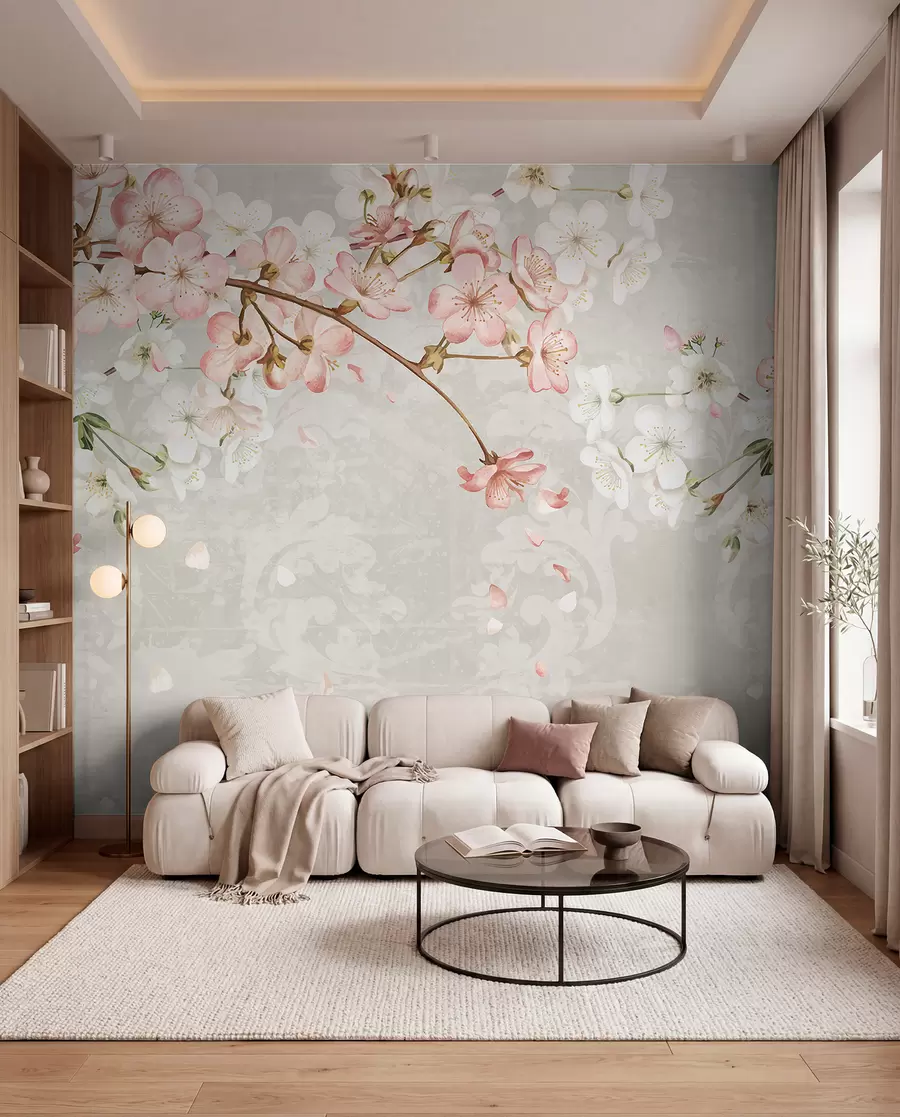 Papier peint Fleurs de cerisier roses et blanches en pleine floraison, avec des pétales doux tombant sur un fond beige texturé w08254v1