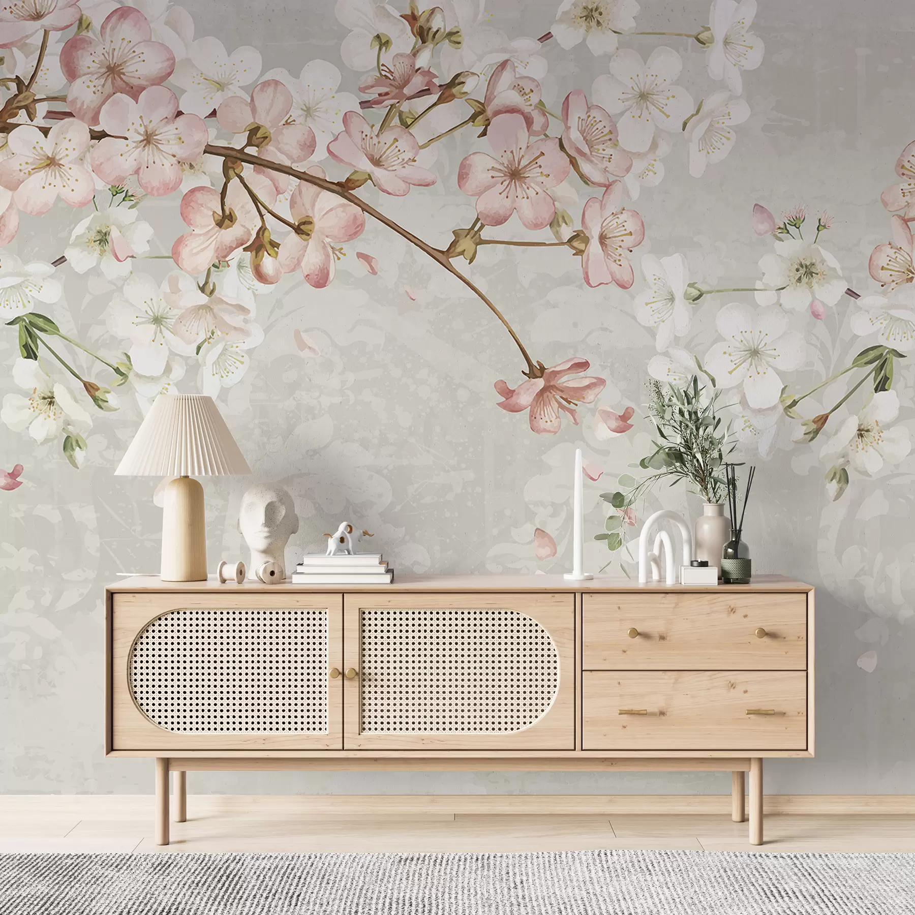 Papier peint Fleurs de cerisier roses et blanches en pleine floraison, avec des pétales doux tombant sur un fond beige texturé w08254v1
