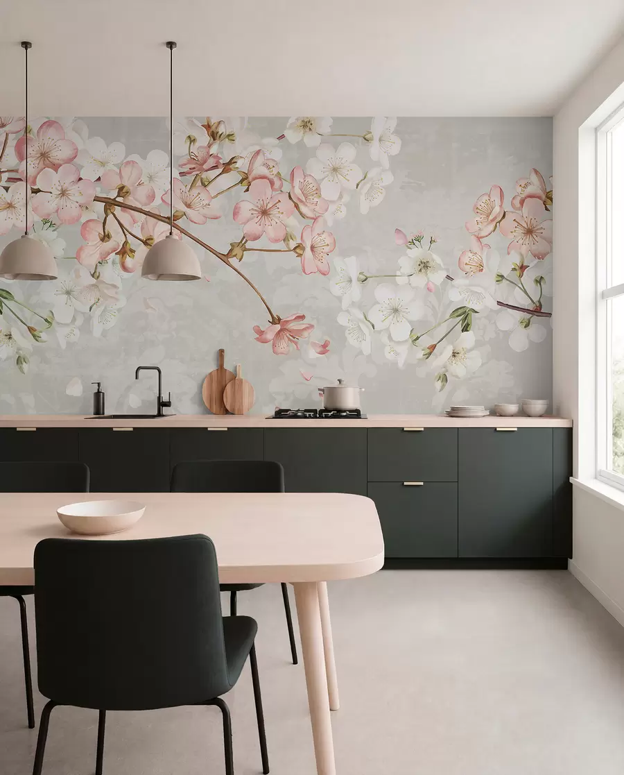 Papier peint Fleurs de cerisier roses et blanches en pleine floraison, avec des pétales doux tombant sur un fond beige texturé w08254v1