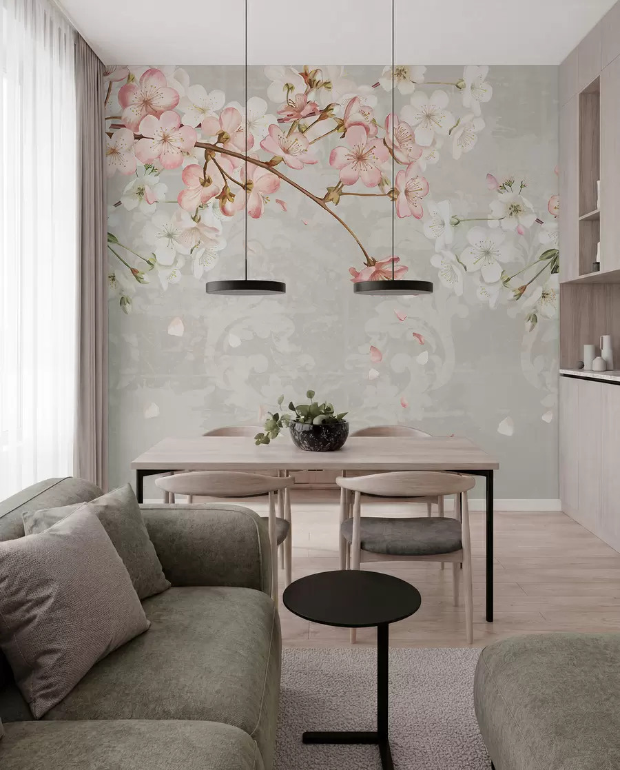 Papier peint Fleurs de cerisier roses et blanches en pleine floraison, avec des pétales doux tombant sur un fond beige texturé w08254v1