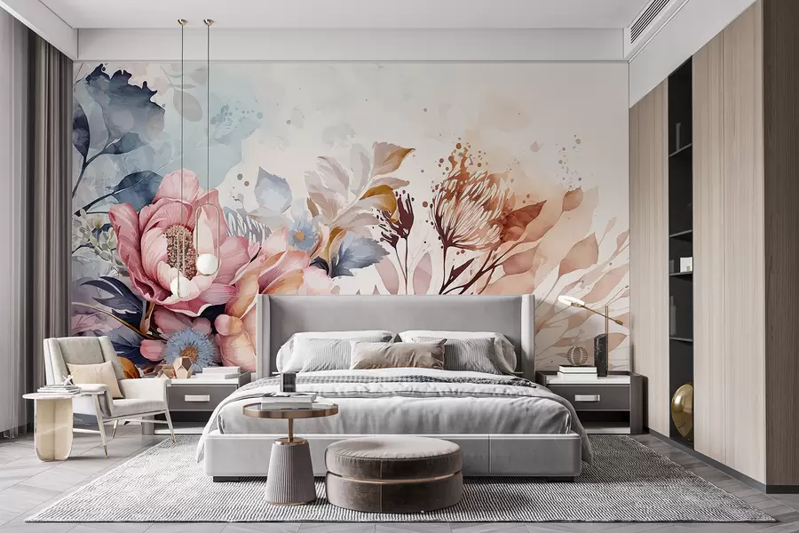 Papier peint Grandes fleurs roses et bleues aux pétales délicats, entourées de fleurs plus petites sur fond d'aquarelle w08256