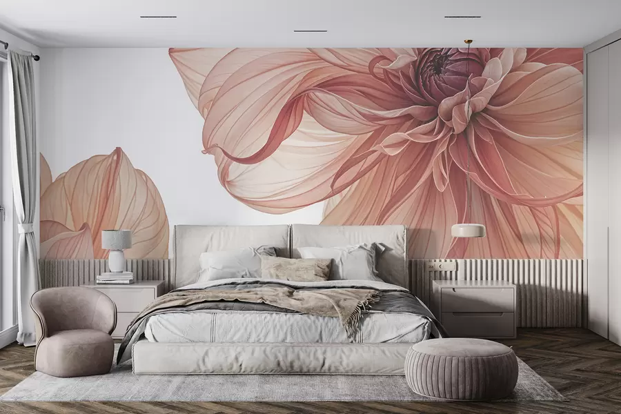 Papier peint Vue rapprochée de plusieurs grandes fleurs de dahlia d'un rouge éclatant aux pétales doux et délicats sur fond blanc w08257