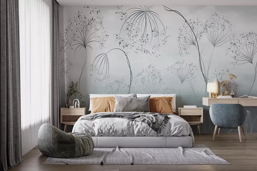 Papier peint Plantes bleues hautes et vaporeuses avec des fleurs délicates en forme de parapluie ou des têtes de graines dans un environnement brumeux et atmosphérique w08258v1