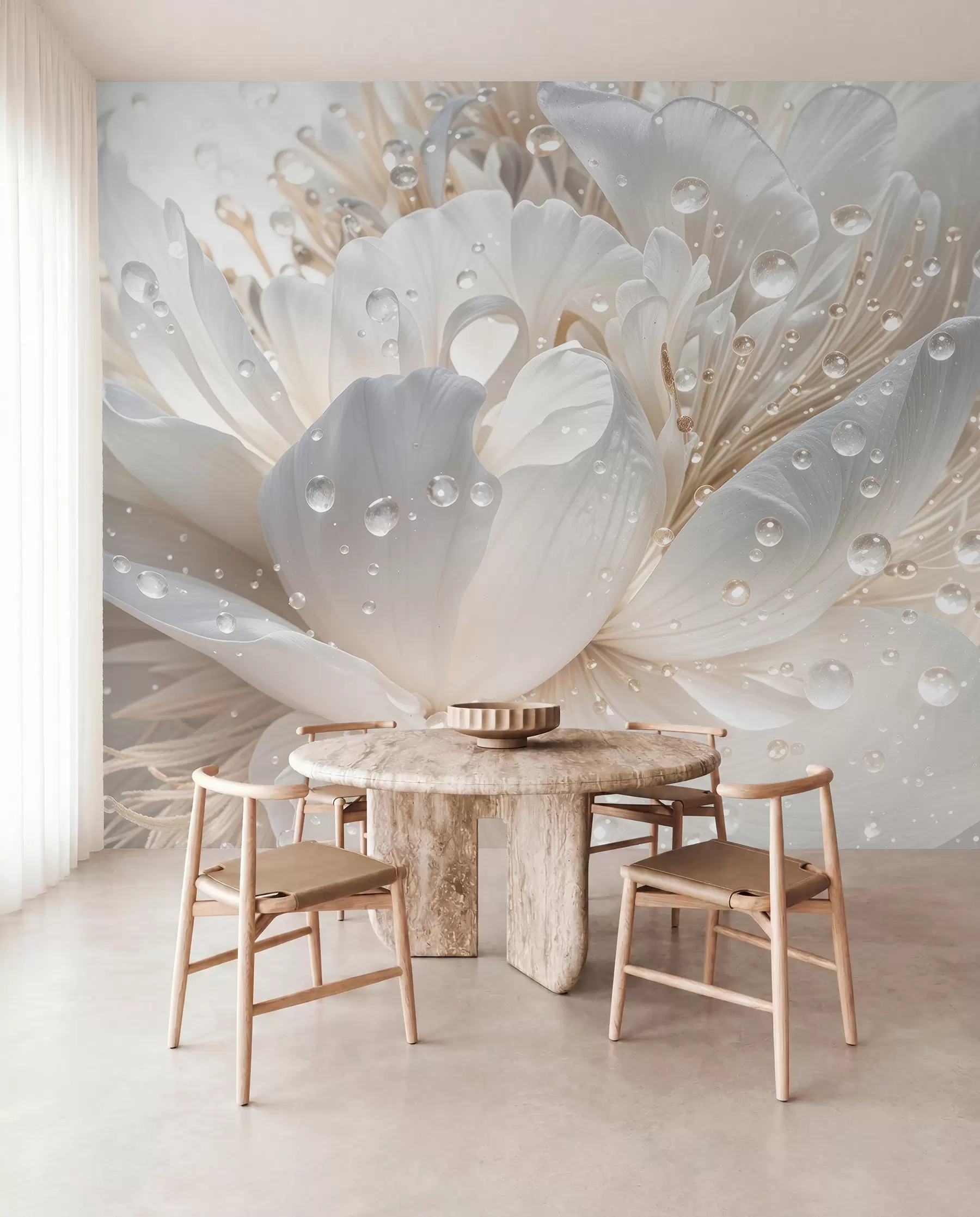 Papier peint Gros plan sur une fleur de pivoine blanche aux pétales délicats et aux gouttes d'eau w08262