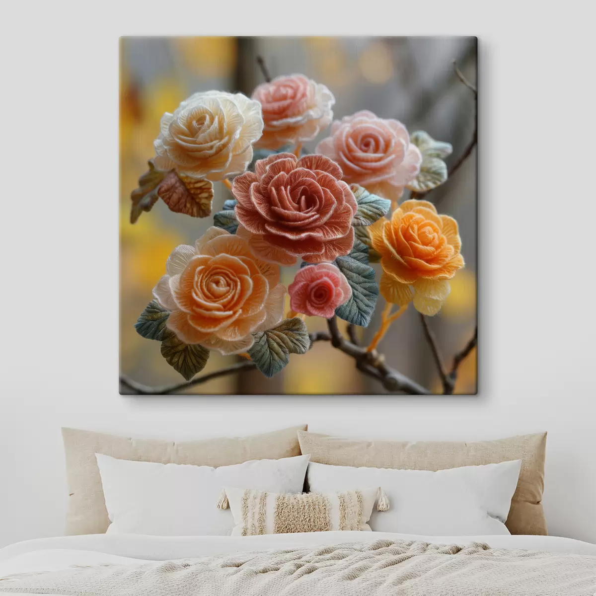 Tableau Bouquet de roses en maille duveteuse, style artisanat s40673