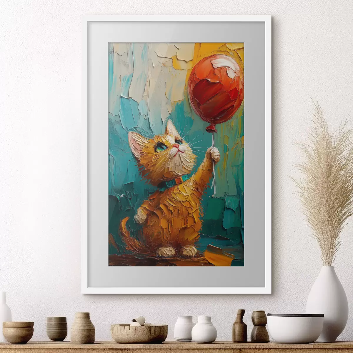 Poster Chat rouge tenant un ballon dans ses mains, imitation d'une peinture à l'huile f40649