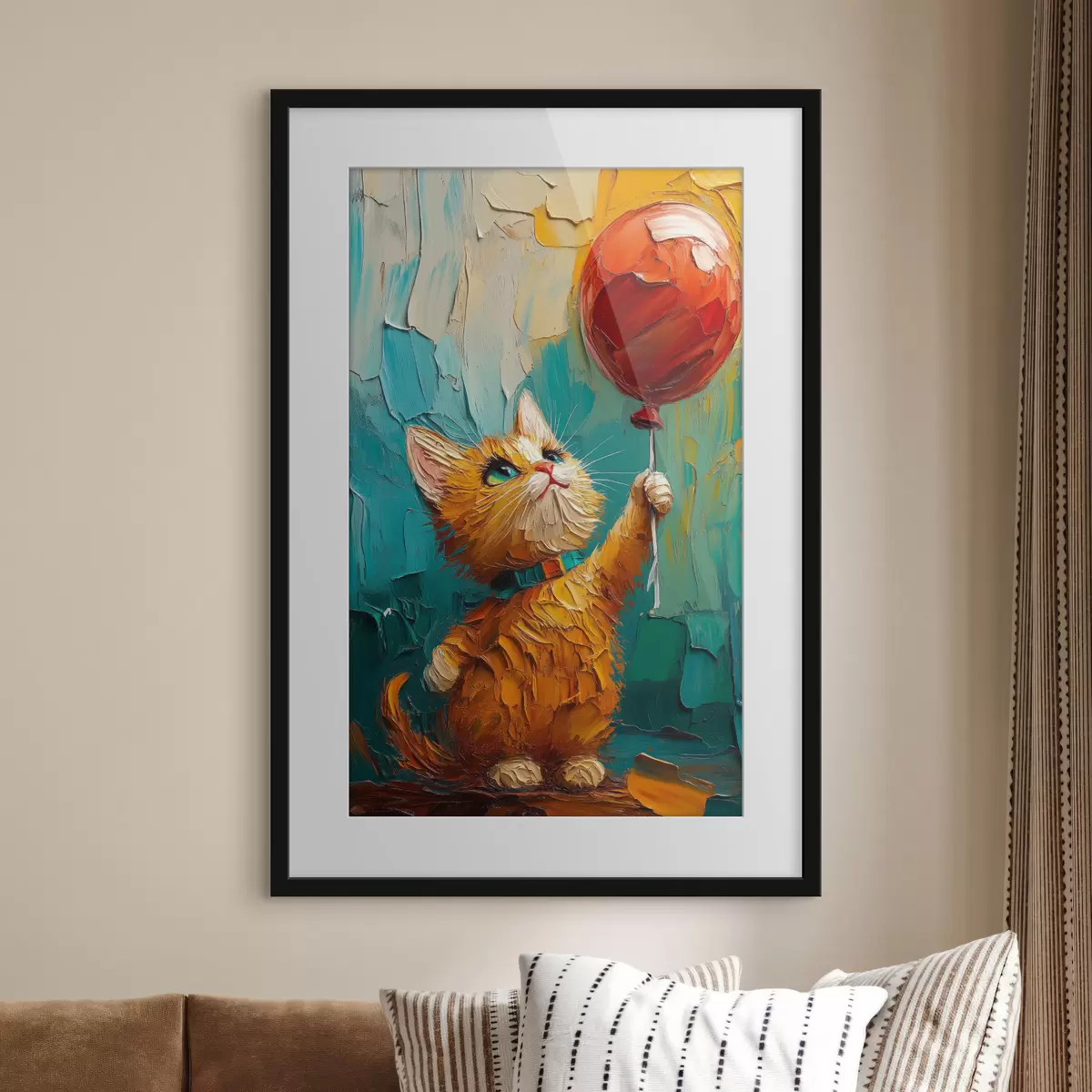 Poster Chat rouge tenant un ballon dans ses mains, imitation d'une peinture à l'huile f40649