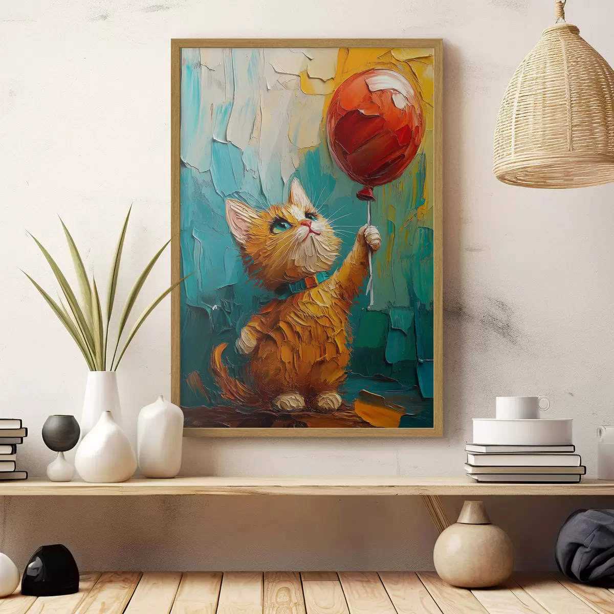 Poster Chat rouge tenant un ballon dans ses mains, imitation d'une peinture à l'huile f40649