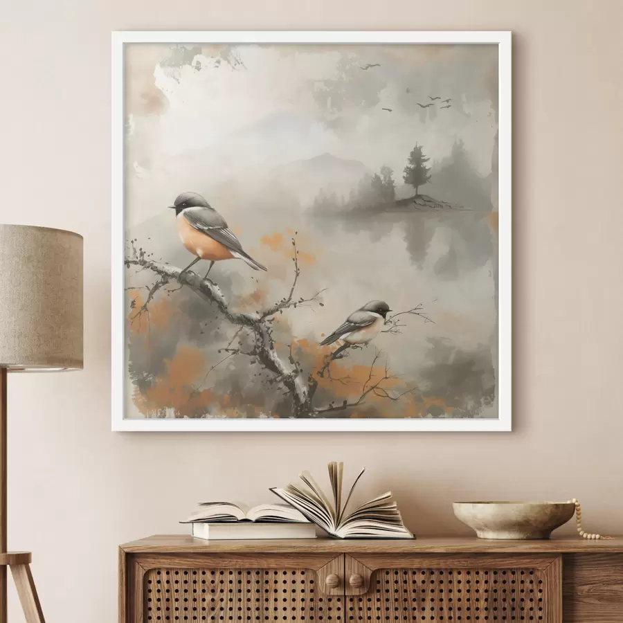 Papier peint Paysage aquarelle avec des oiseaux assis sur une branche dans des couleurs pastel f40655