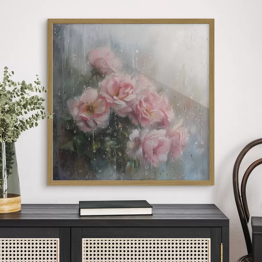 Papier peint Un bouquet de roses roses à l'extérieur de la fenêtre par temps pluvieux f40656