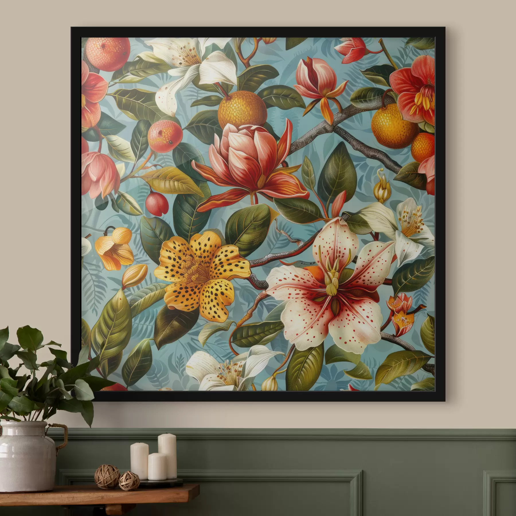 Papier peint Composition tropicale avec de la verdure et des fleurs tropicales sur fond bleu f40665