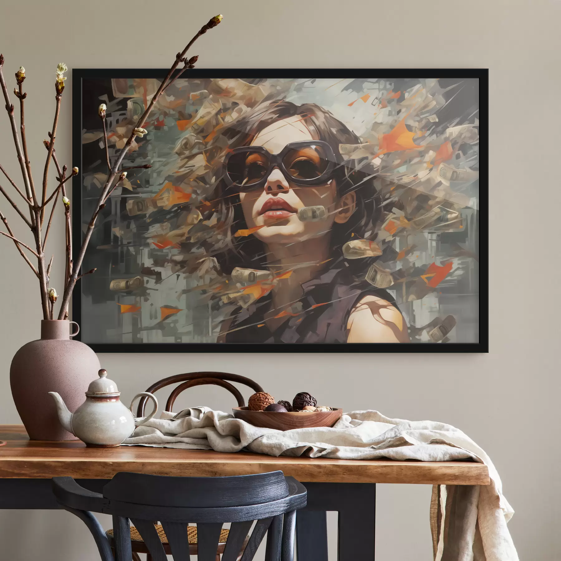 Papier peint Fille avec des lunettes de soleil entourée d'argent abstrait f40750